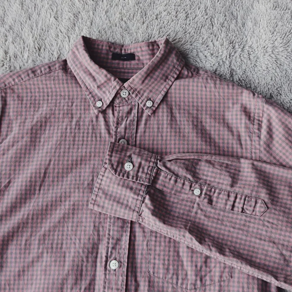 J Crew Check Shirt Men's S Pink Grey Plaid 100% Cotton Slim Fit Lightweight
